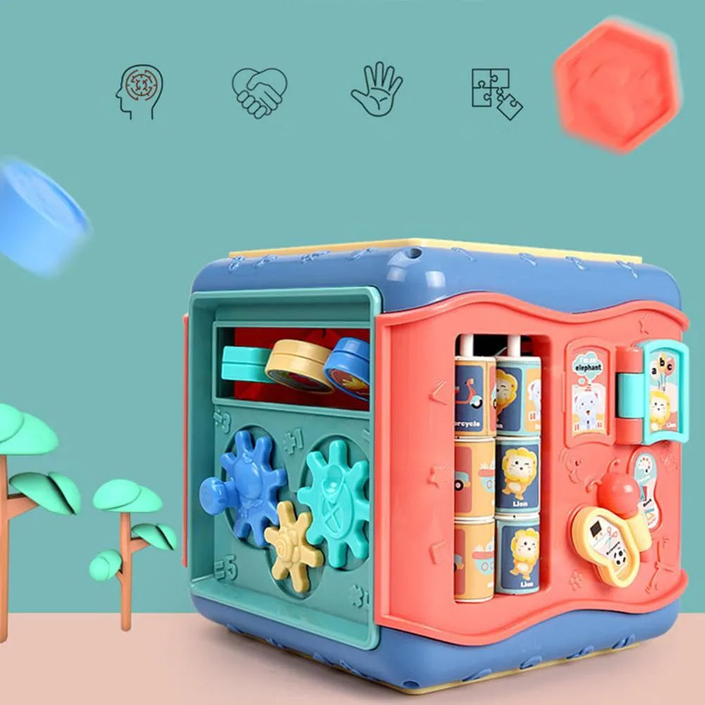 Baby hexahedron educational toy with six Montessori activity panels including bead maze and gear connections