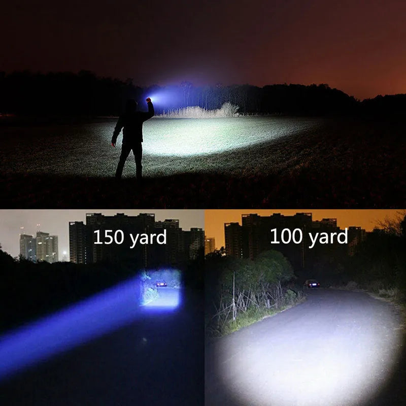 Black aluminium alloy LED zoom flashlight with adjustable focus ring and antiskid texture.