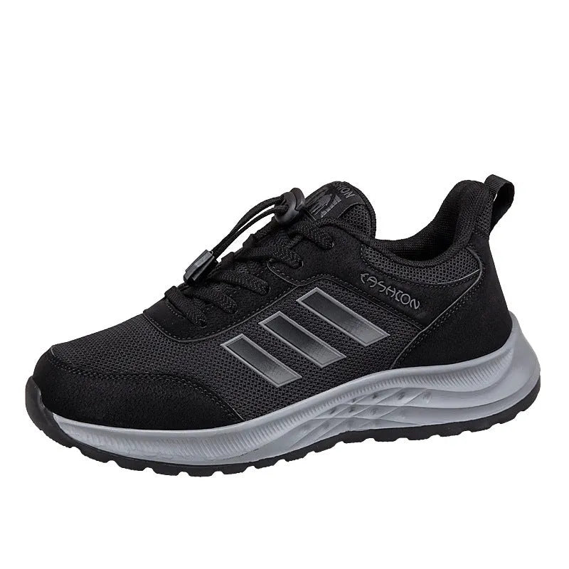 Breathable mesh elastic slip-on casual shoes for men and women in purple, black, and grey.