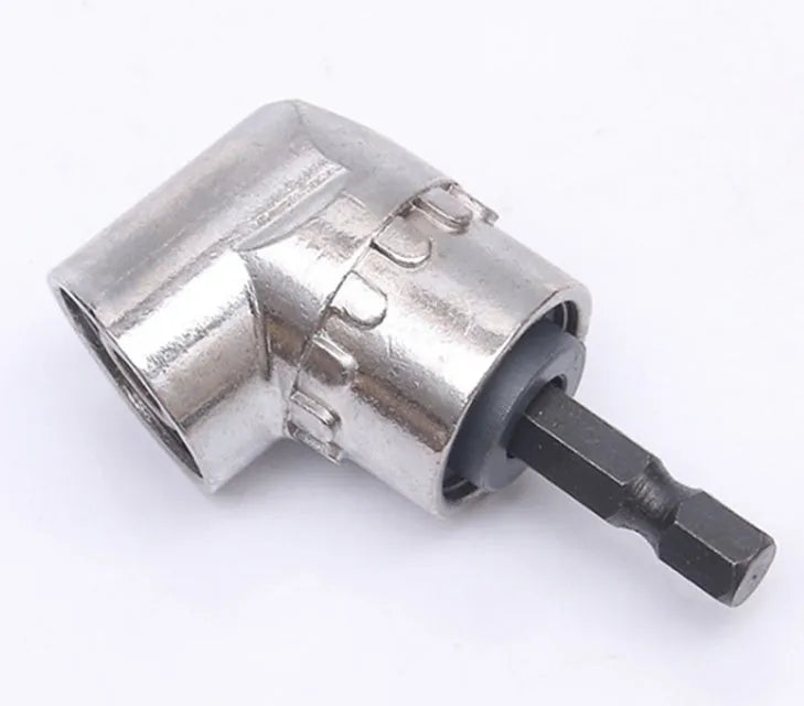 Silver turning screwdriver with a 105-degree flexible shaft and magnetic quick-release handle for use in corners.