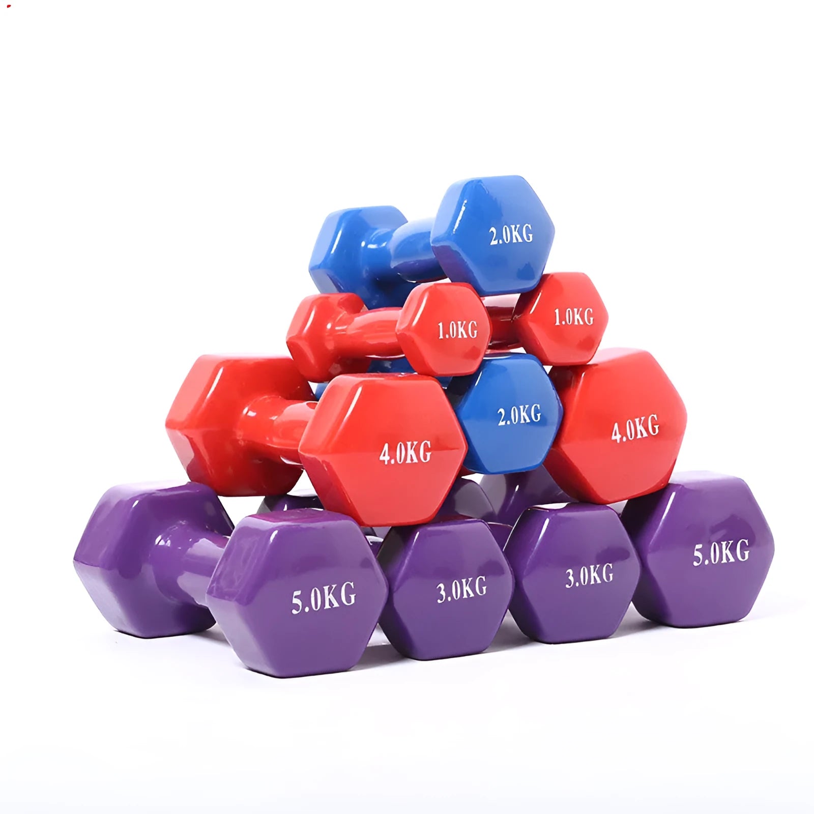 Coloured plastic coated fitness dumbbell available in multiple weights for home yoga and aerobics