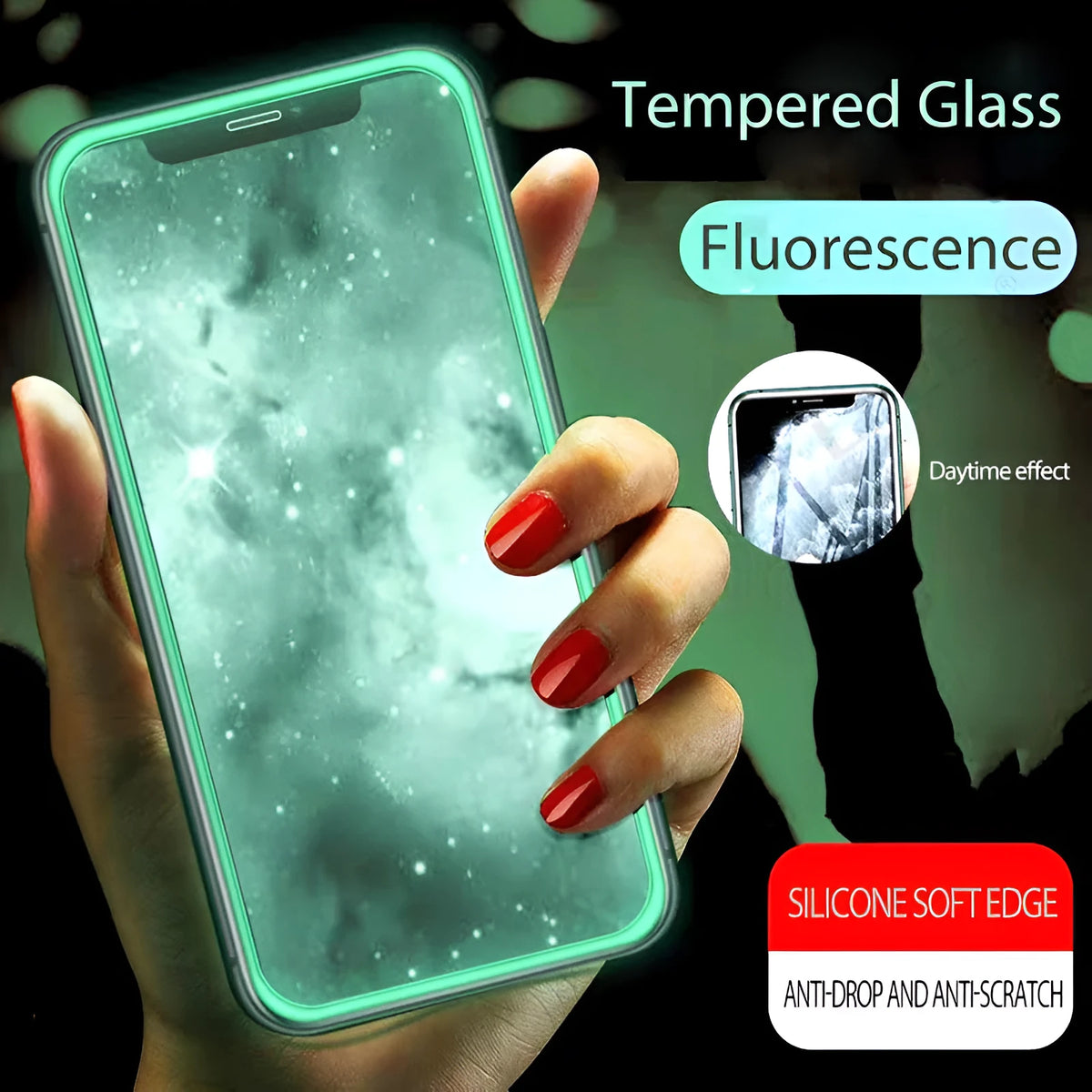 Luminous full cover tempered glass screen protector for iPhone glowing in the dark.