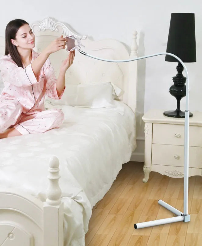 Black bedside mobile phone bracket with overhead support shelf and universal folder for hands-free viewing