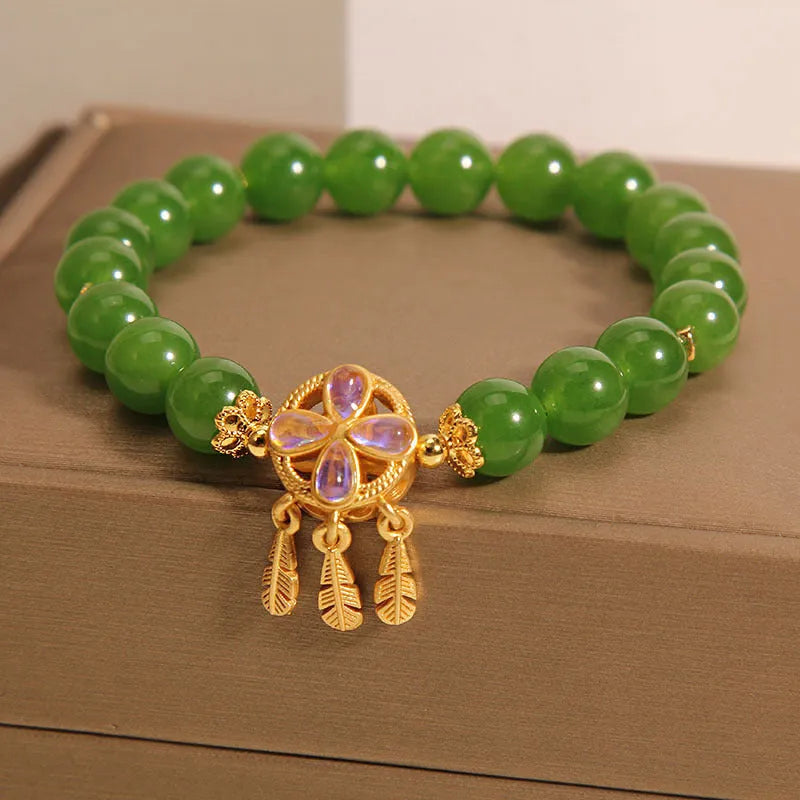 Green jasper crystal bracelet with four-leaf clover dream catcher pendant for women