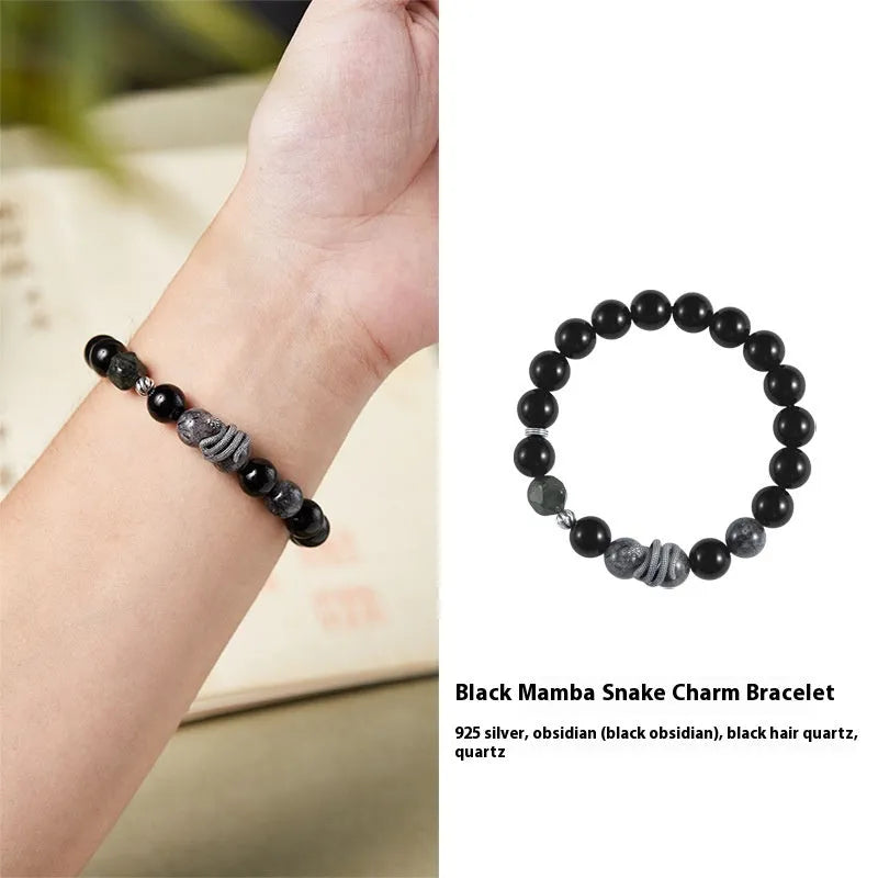 Men's black obsidian snake bracelet in S925 sterling silver with crystal hair detailing