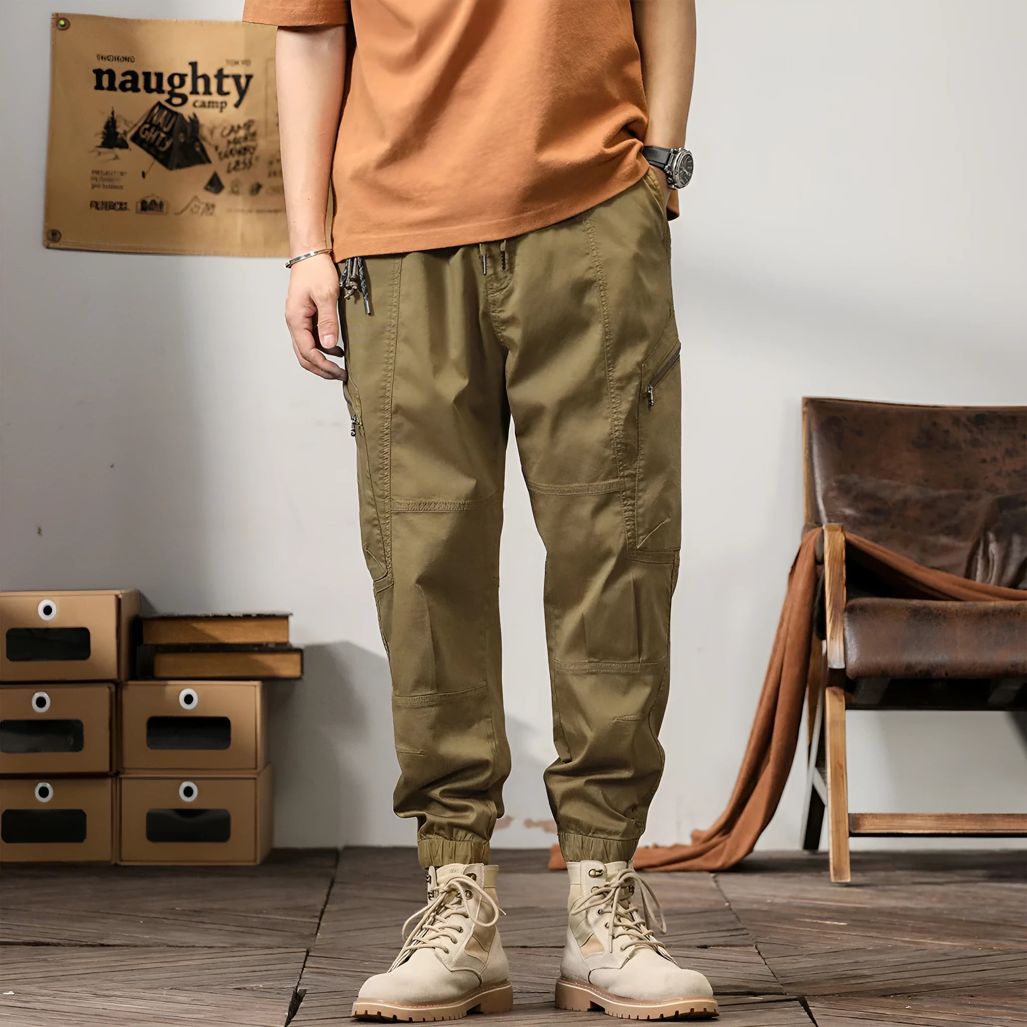 Men's cotton Korean style harem trousers with tapered legs in khaki colour