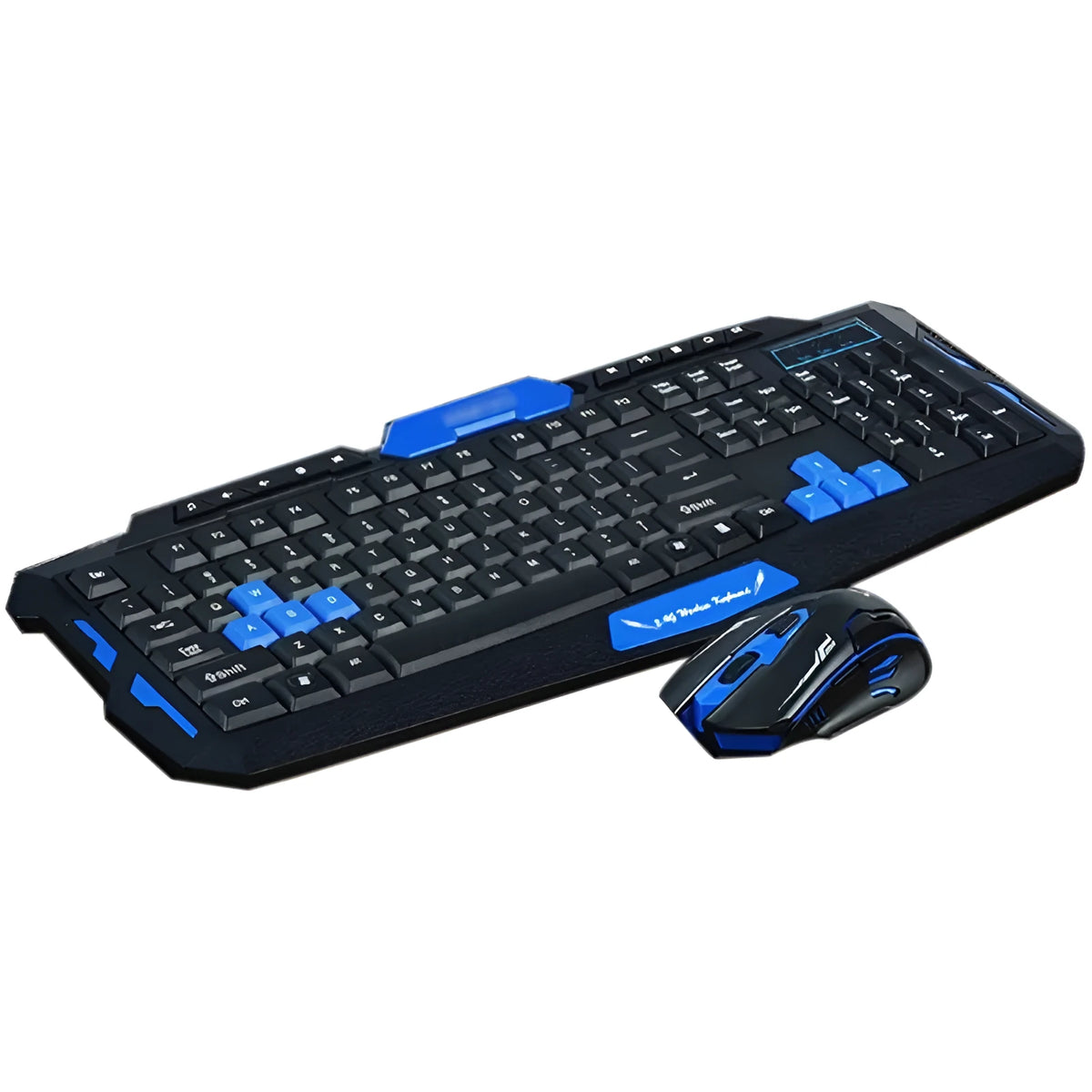 Black and blue wireless keyboard and mouse set on a desk.