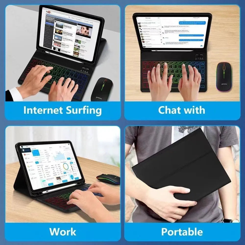 iPad leather protective case with luminous Bluetooth keyboard and mouse in black colour with RGB backlighting