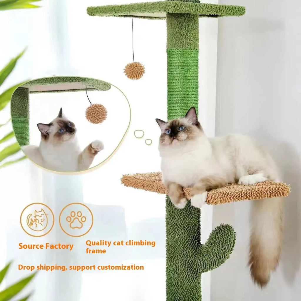 Tall cactus-themed cat climbing frame with integrated scratch board and hanging toy