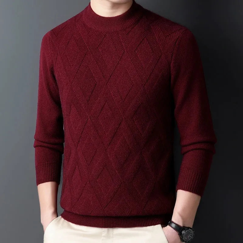 Men's diamond jacquard winter thermal sweater in wool blend fabric shown in light camel colour