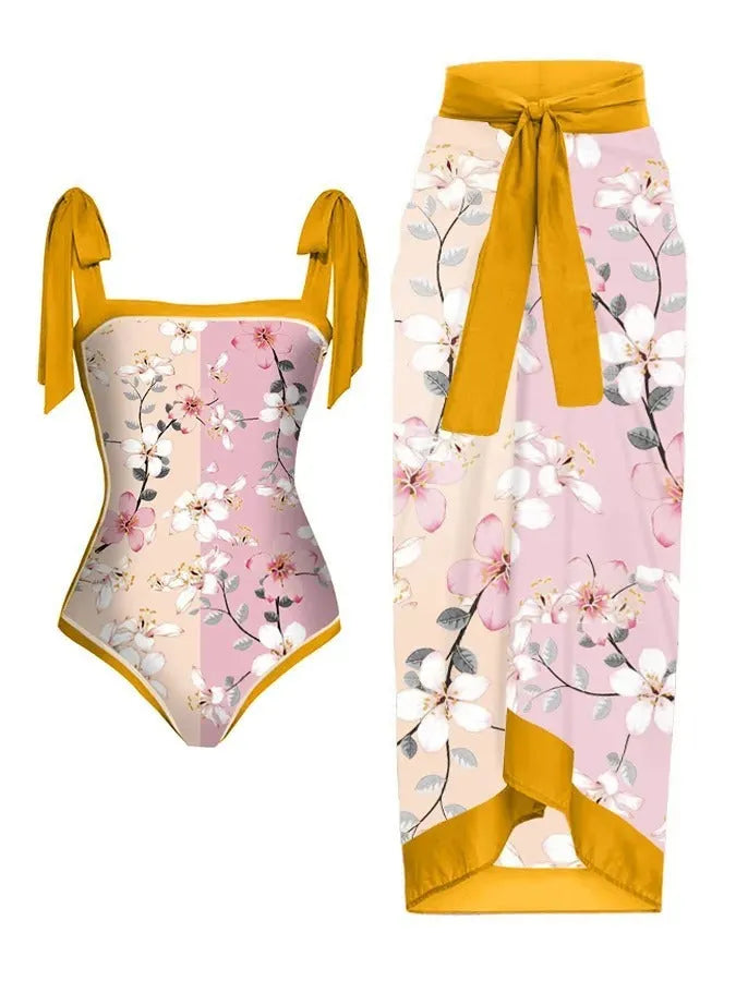 Women's printed chiffon swimsuit two-piece with matching skirt in floral pattern