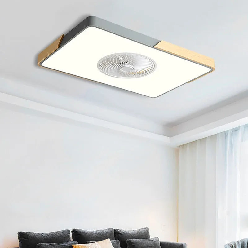 Nordic style ceiling fan with light and solid wood blades in rectangular, round, or square shapes.