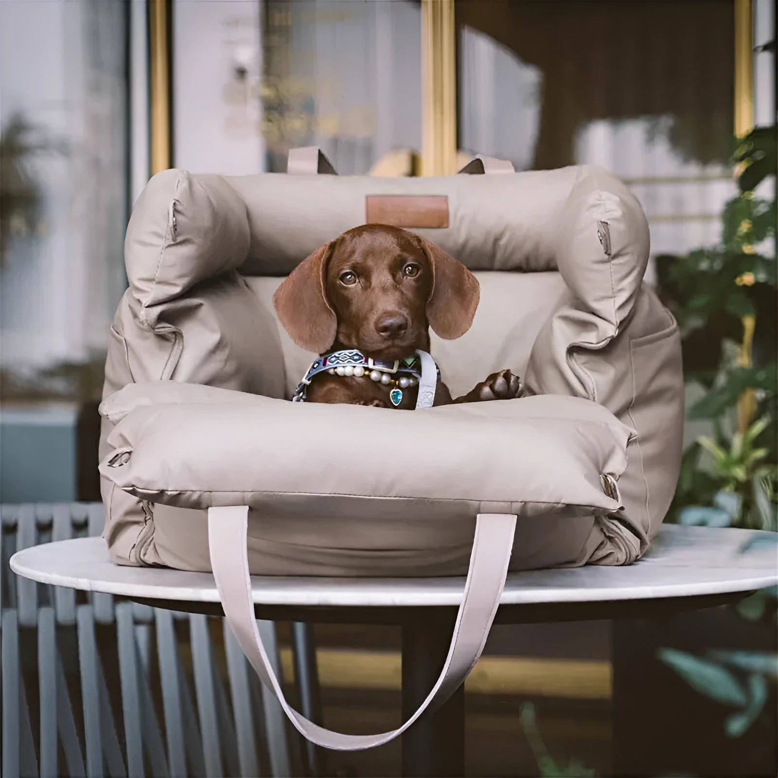 Green waterproof PU dog bed nest with removable cover showing 55x50x45cm dimensions