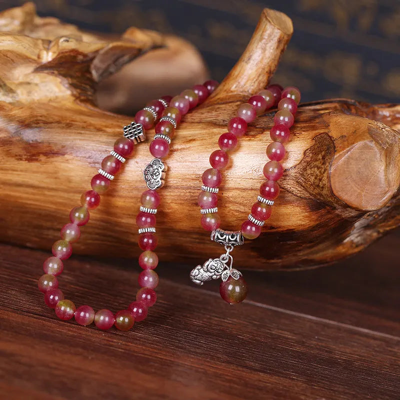 Natural watermelon crystal bracelet with Chinese knot and geometric elephant-style beads