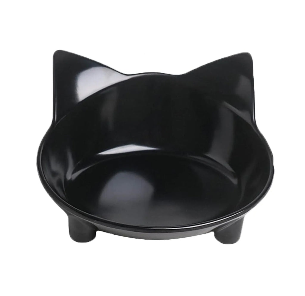 Shallow black melamine cat food bowl with anti-skid rubber base on wooden floor