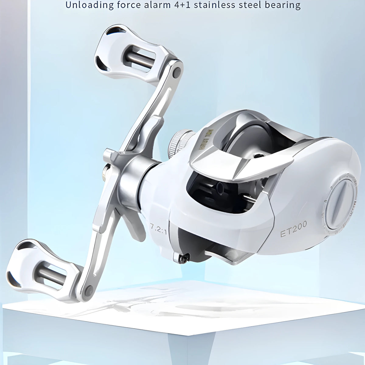 Small white micro baitcasting fishing reel with drip wheel, shown in left and right-hand retrieve options.