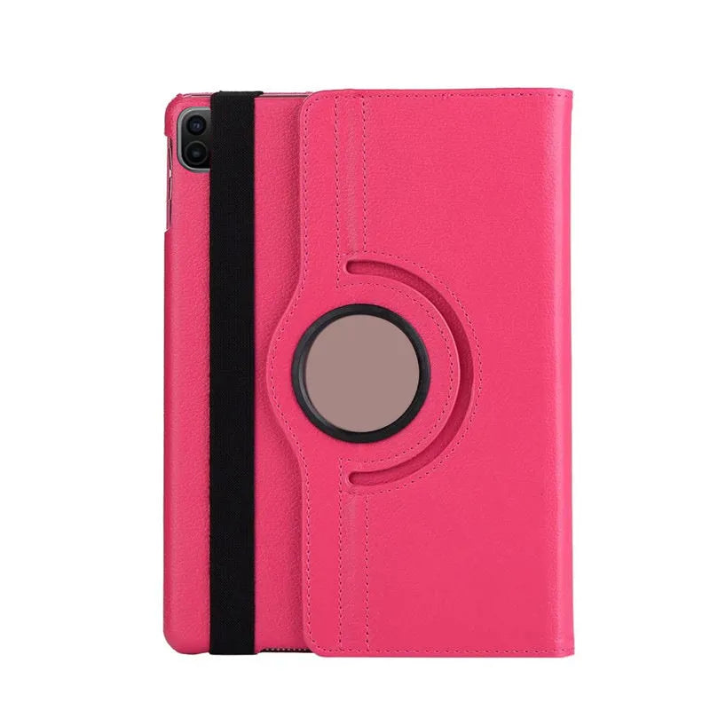 Imitation leather rotating clamshell protective sleeve for iPad, shown in rose red colour.