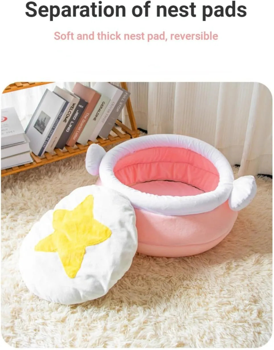 Pink honey pot shaped cat sofa bed with magic wand design and removable pad