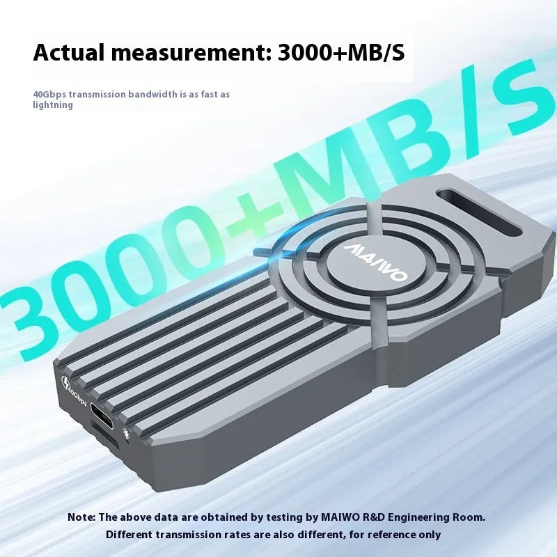 USB4 40Gbps aluminium hard disk enclosure for M.2 NVMe solid state drives.