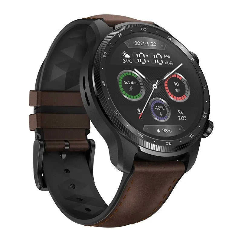 Ticwatch Pro X 47mm black smartwatch with round AMOLED display showing fitness stats.