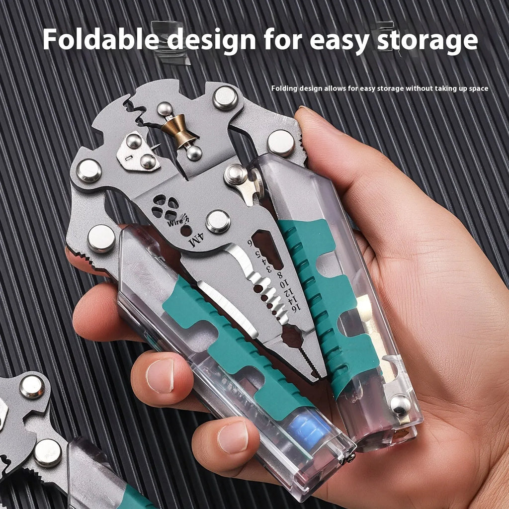 Pointed nose electrician's pliers and wire stripper tool with rust-resistant steel blades.