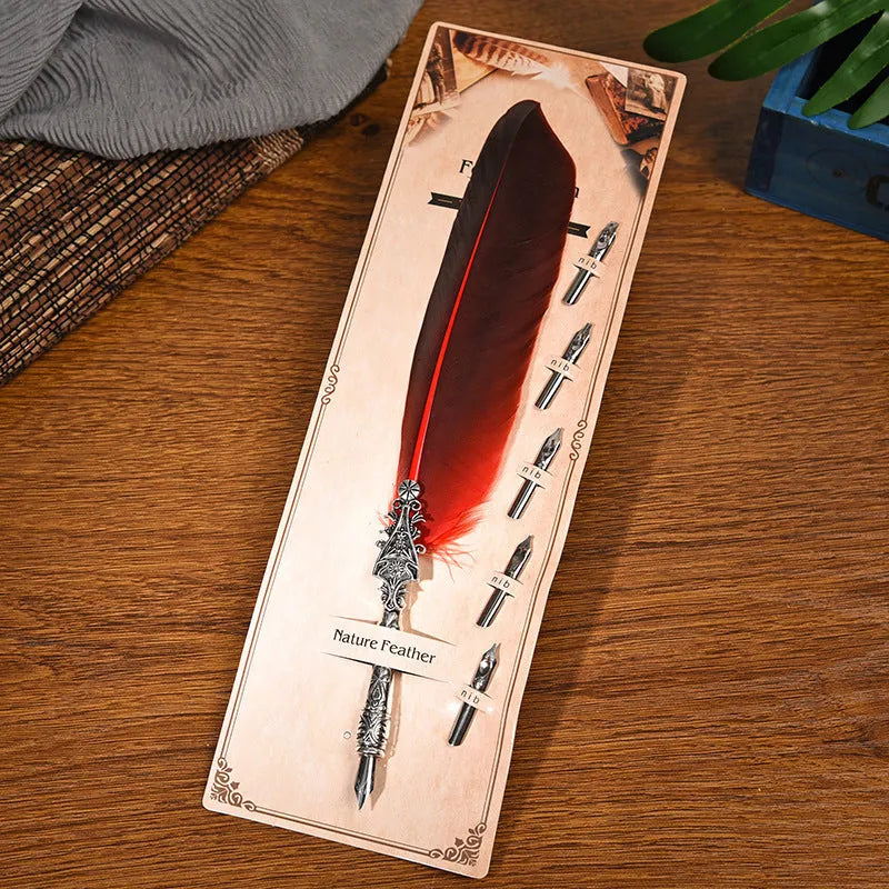 European retro feather dip pen with zinc alloy body in multiple colour options