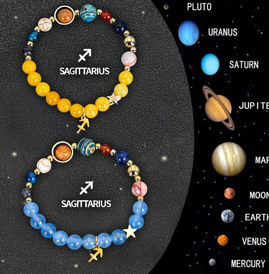 Natural stone beaded zodiac bracelet set showing adjustable elastic cord and twelve astrology sign designs