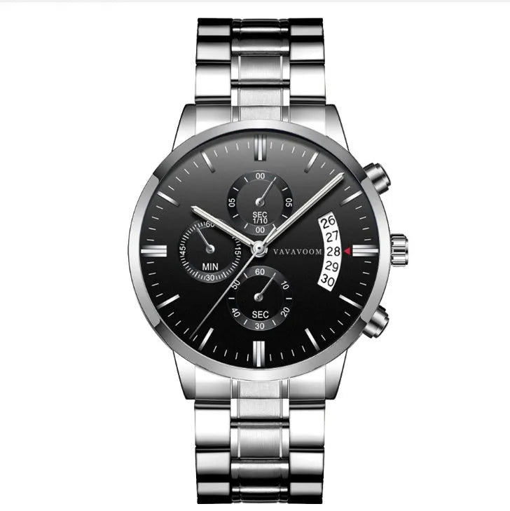 VA VA VOOM men's stainless steel watch with black dial and silver chain, showing round 43mm case and butterfly buckle.