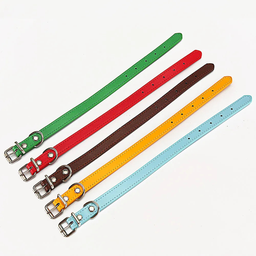 PU dog collar in S 1.0*30 and M 1.5*30 sizes, shown in Coffee, Sky blue, gold, green, and red colour options.