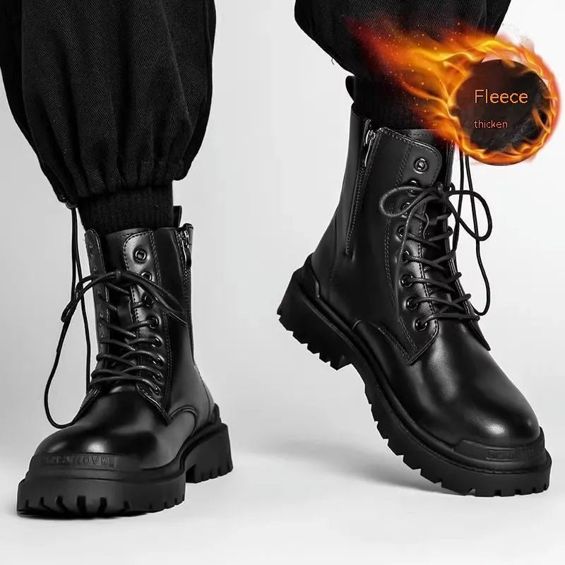 Men's black mid-top tide British leather boots with a flat style and rubber sole