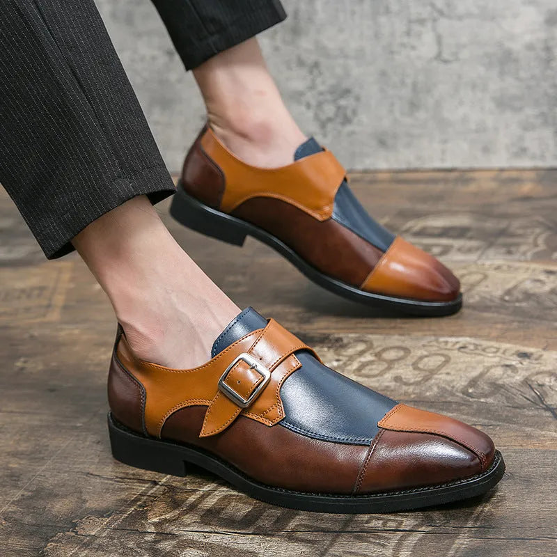 Men's brown blue retro leather shoes with buckle detail and tall crown height
