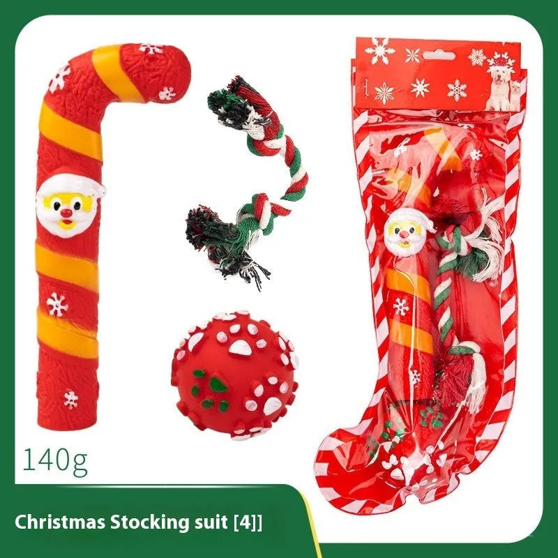 Christmas vinyl dog chew toys gift sets with festive designs including trees, Santa heads, and bite ropes