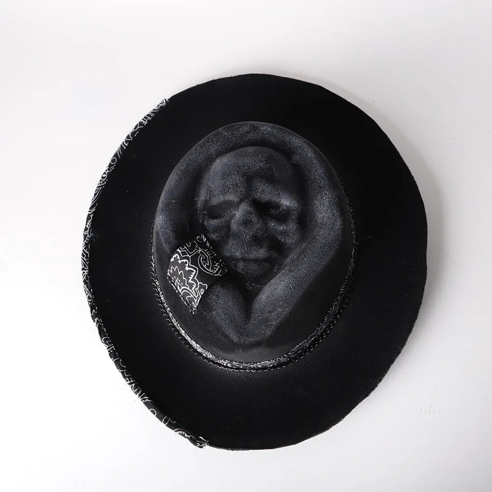 Handmade wool felt conical hat with skull design and denim-style crown