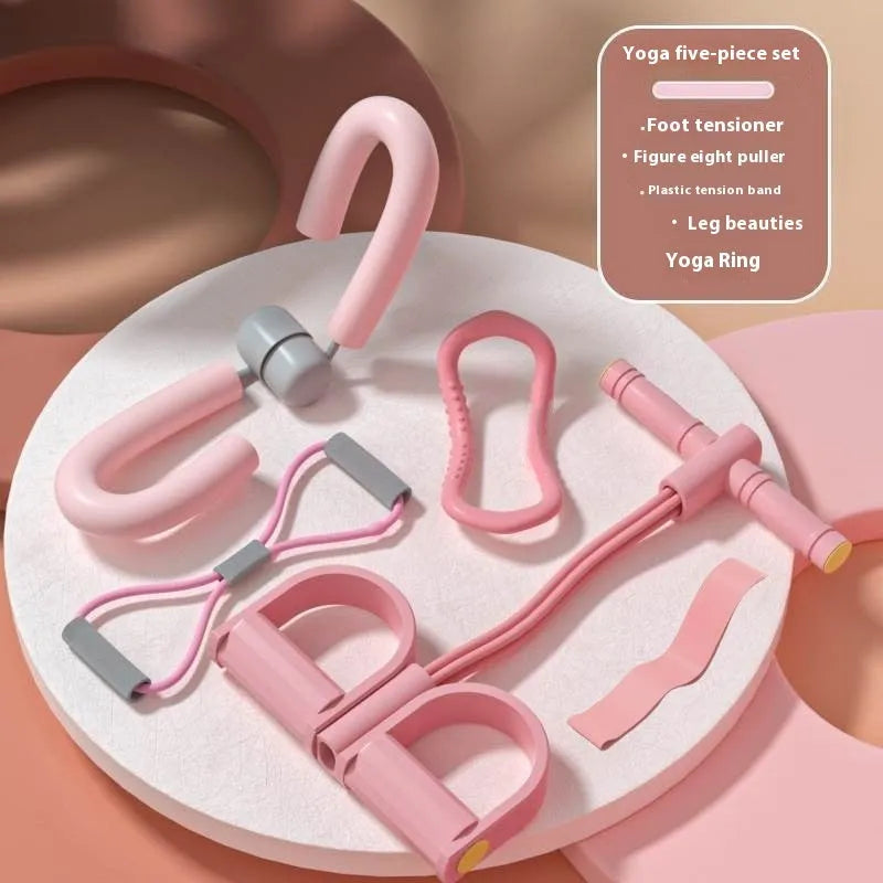 Yoga four-piece fitness set showing a leg stretching device, yoga ring, pedal expander, and figure-eight tension rope.