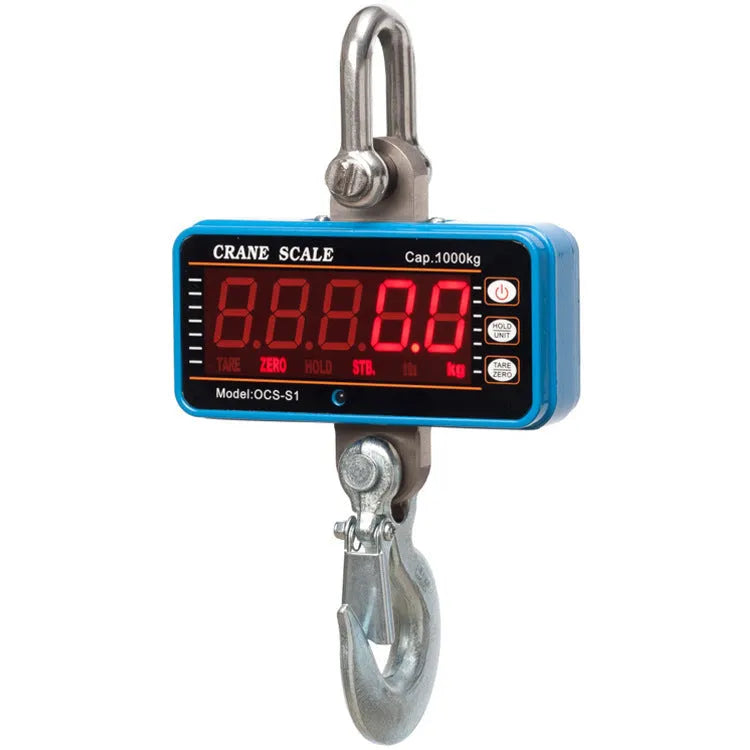 Orange electronic crane scale with digital display and hook attachment for 500 kg weighing capacity
