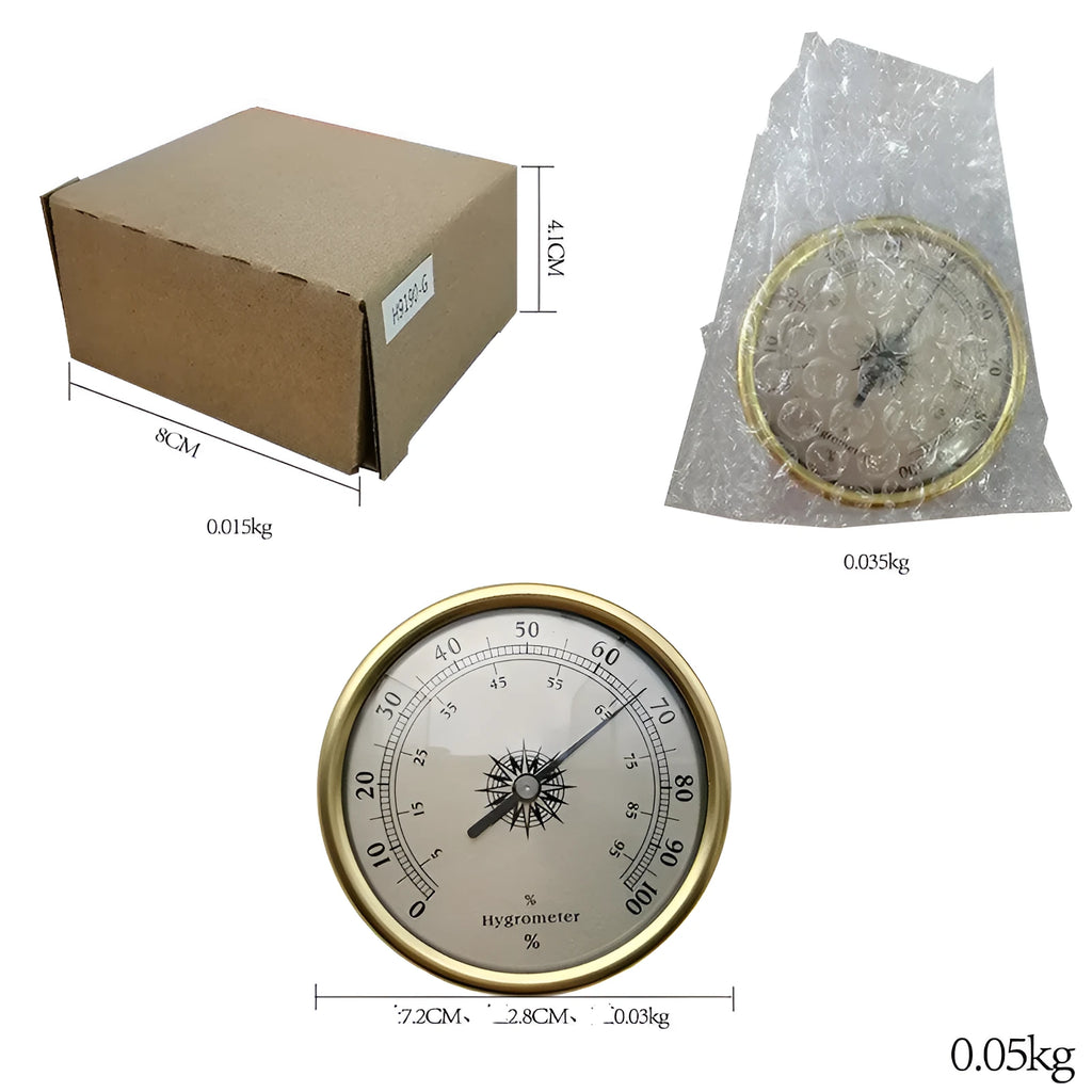 Silver aluminium analog thermometer and hygrometer with a round dial showing temperature and humidity scales.