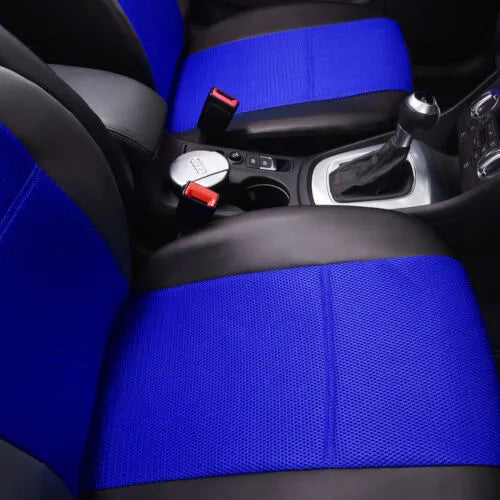 Artificial leather car seat cover set in a choice of colours showing front seat and headrest covers with installation hooks.