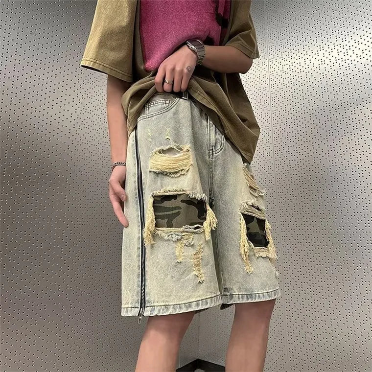 Men's ripped yellow mud camouflage denim shorts with a straight leg Korean style cut.