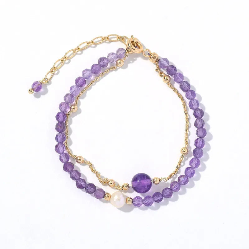 Purple amethyst crystal Chinese style women's bracelet with diamond-shaped centrepiece and electroplated metallic components