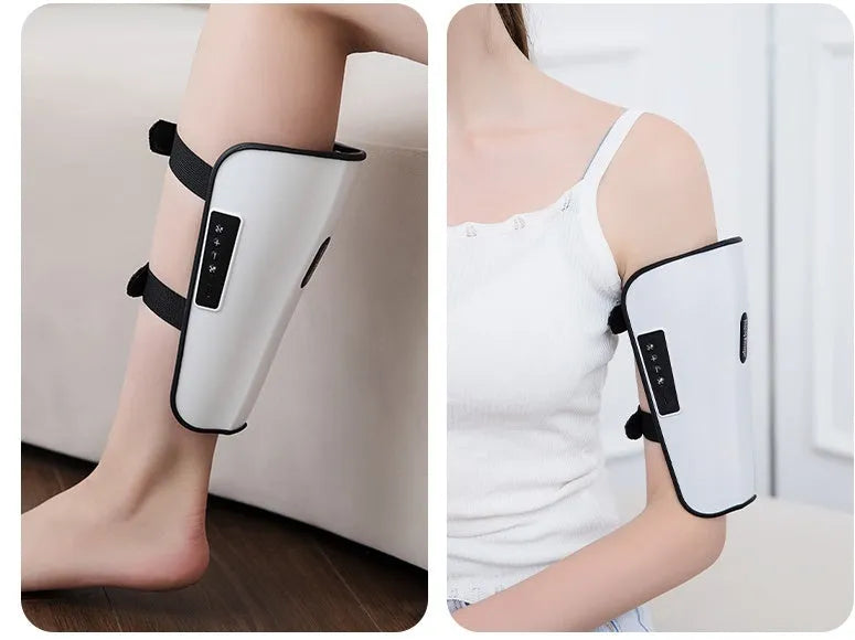 White plastic pulse calf massager with mechanical controls for infrared and electrotherapy modes.