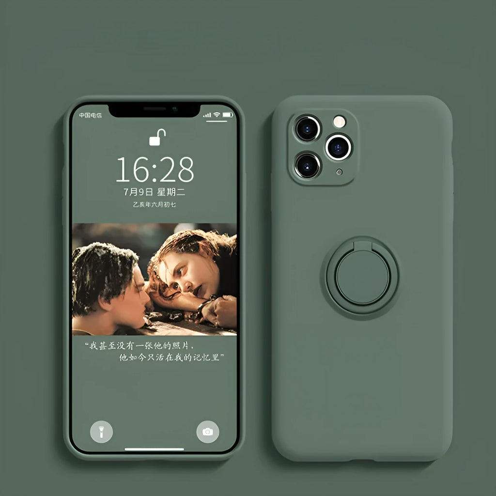iPhone 12 silicone phone case in assorted colours featuring a built-in ring bracket on the back.