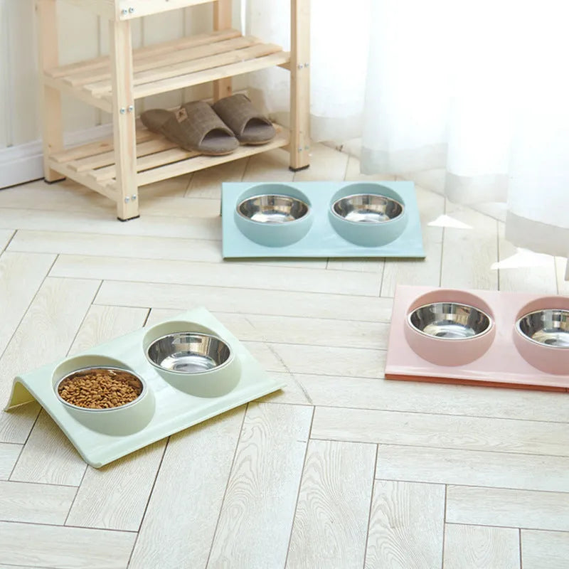 Stainless steel pet double bowl with PP base, 37.5x24x7.5cm, in green, pink, or blue