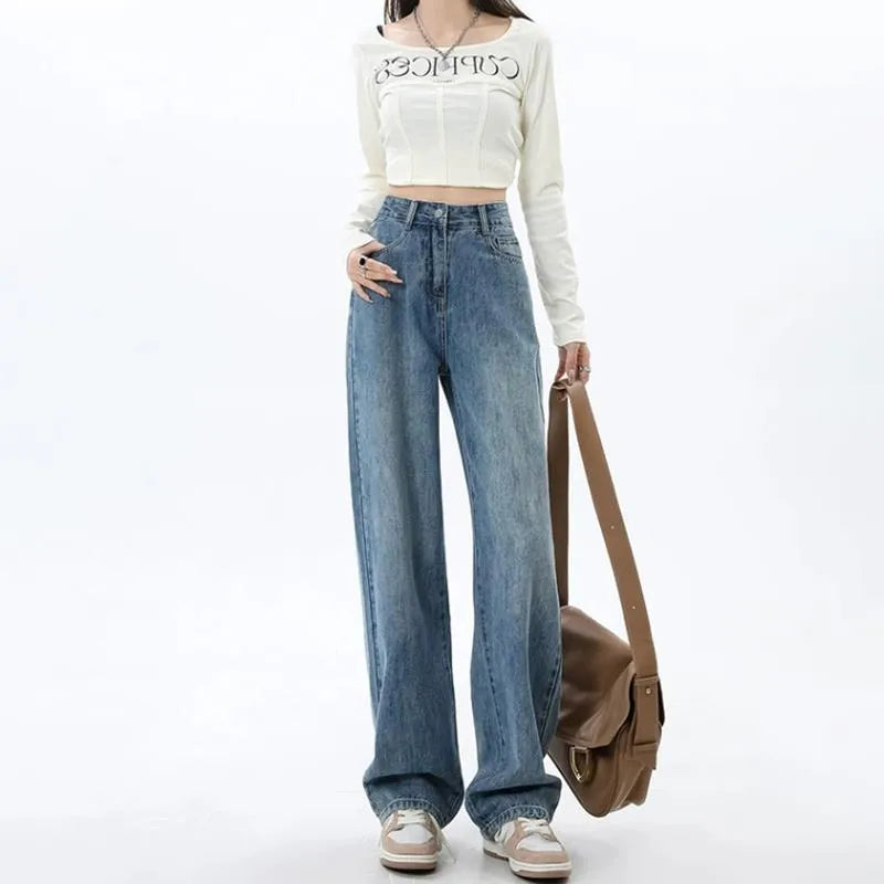 Women's retro blue wide leg high waist jeans with straight cut and spandex denim