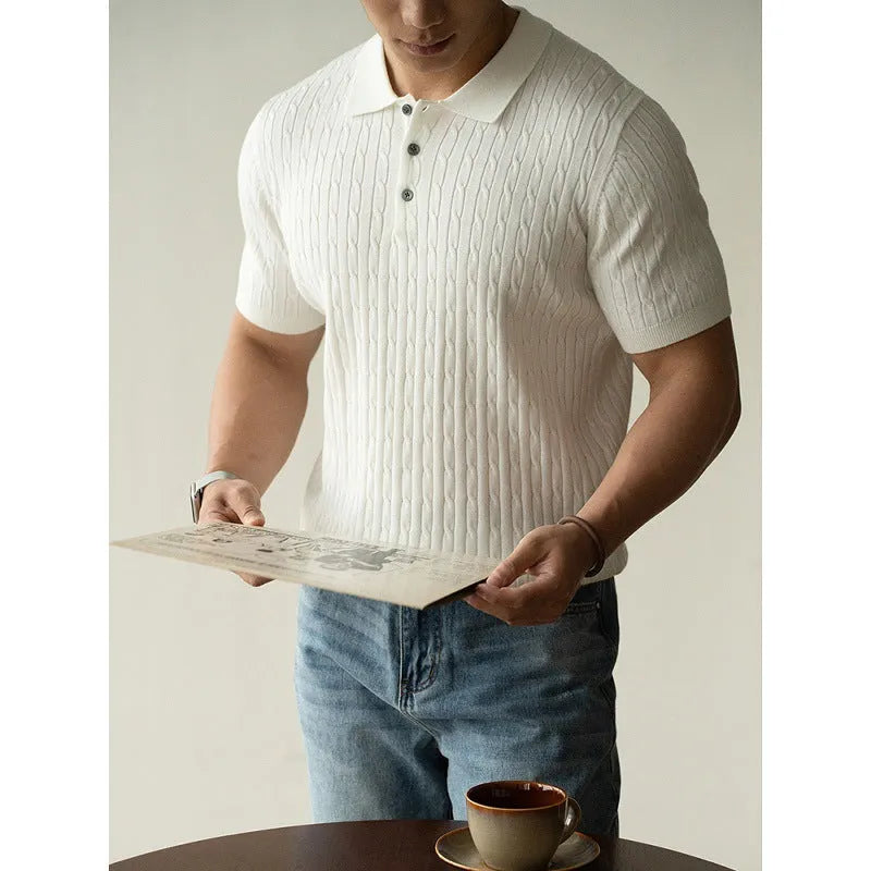 Men's khaki short-sleeve business top on a hanger.
