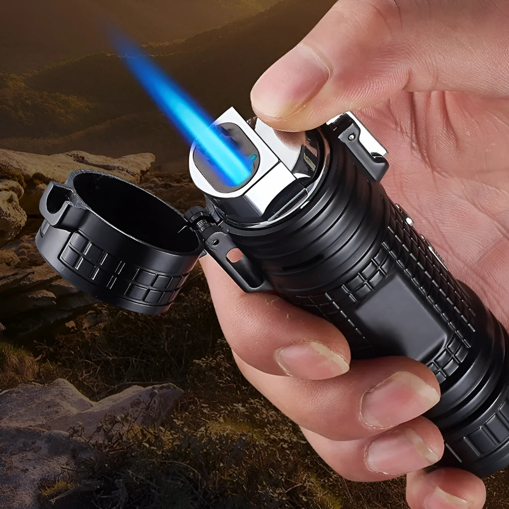TH727 multi-function metal flashlight lighter showing colour options: black, blue, camouflage, red, yellow