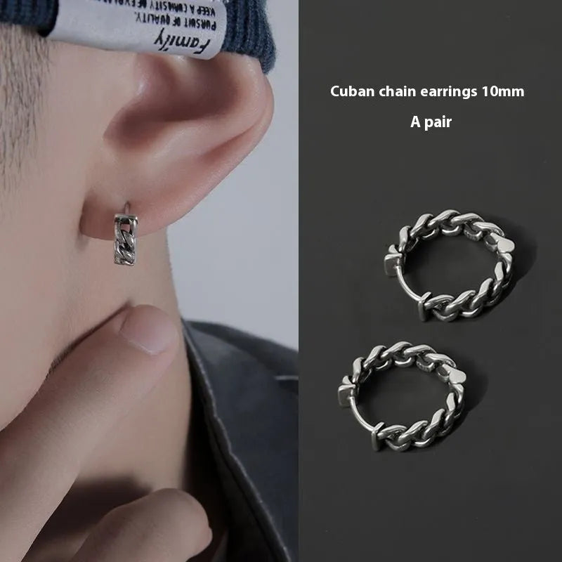 Silver geometric copper stud earrings for men in 10mm and 14mm sizes, shown singly and as a pair.