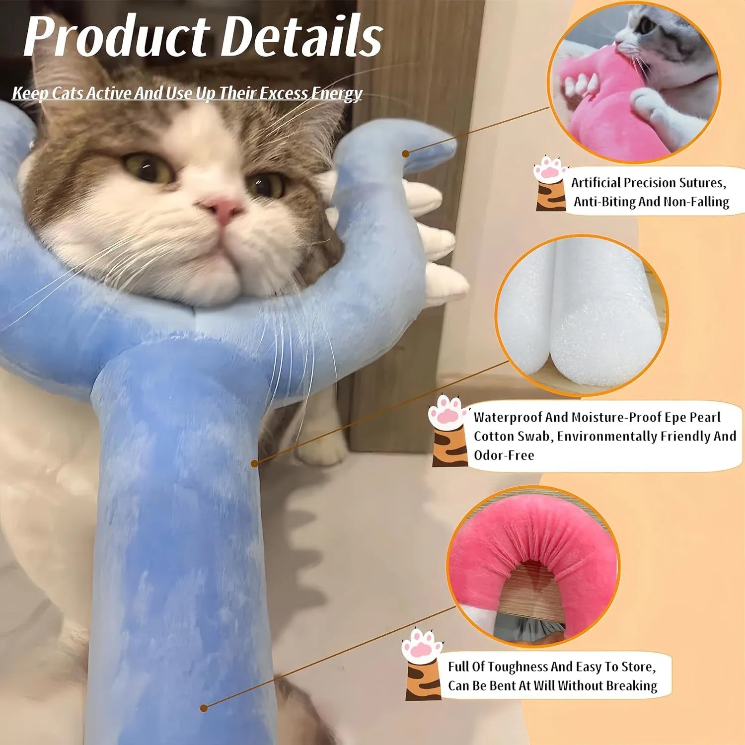 70cm blue plush cat wand toy with foam-filled head for interactive pet play