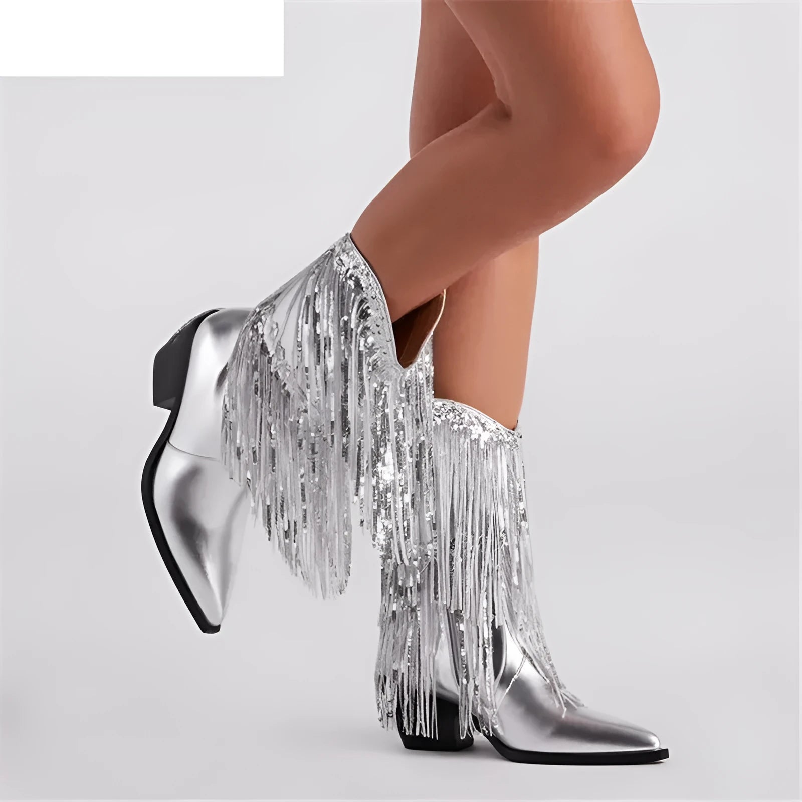 Women's black chunky heel tassel boots with a pointed toe and high stiletto heel.
