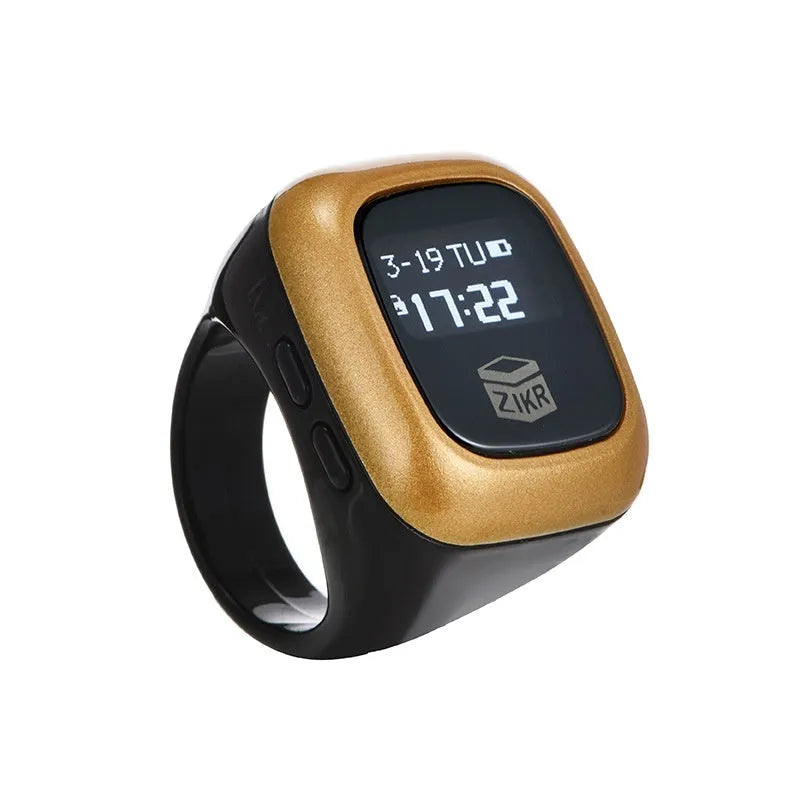 Al-Fatiha electronic Zikr counter on wrist in rose gold colour with digital display showing a count.