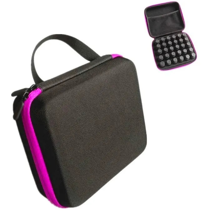 Red EVA cube bag with 30 pockets for 15ml essential oil bottles, shown wall-mounted.